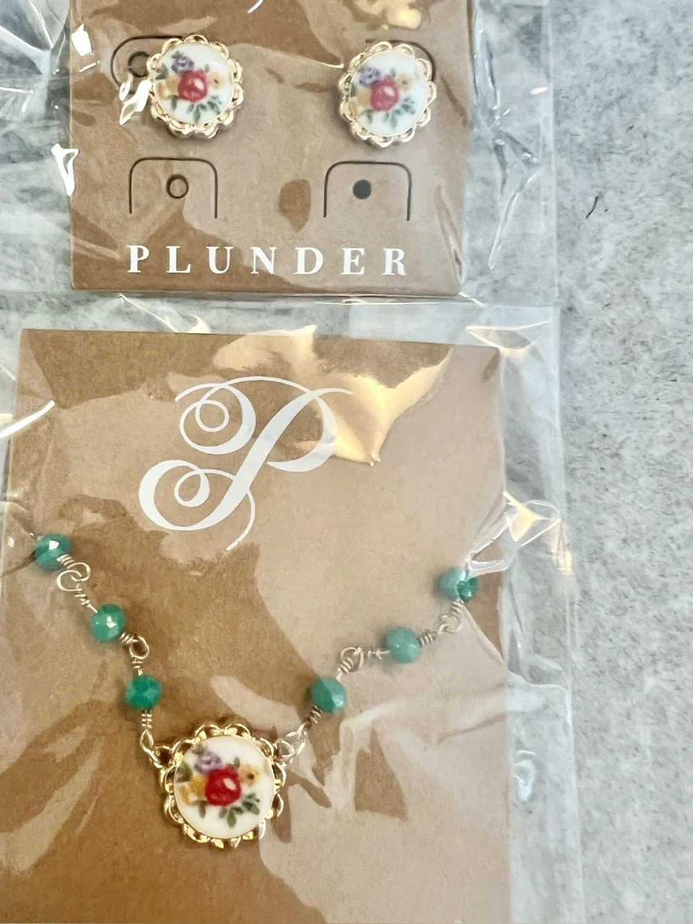 Gold Floral Necklace and Earring Set with Teal Beads and Pink Flower NWT